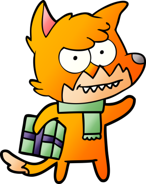 Bir insan tarafından çizilmiş Noel hediyesi ile sırıtan tilki çizgi filmi