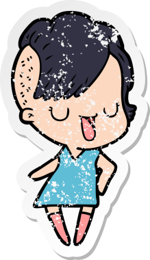 Hipster saç kesimi bir insan tarafından çizilmiş tatlı bir çizgi film kızına ait sıkıntılı bir etiket.