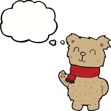 Bir insan tarafından çizilmiş düşünce balonlu oyuncak ayıyı sallayan çizgi film.