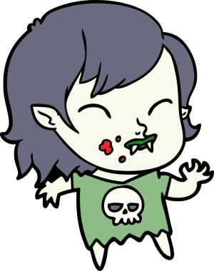 Bir insan tarafından çizilmiş yanağında kan olan vampir kız çizgi filmi.