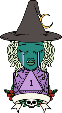 Retro Dövme Tarzı Ağlayan Yarı Ork Cadı Karakteri Bir insan tarafından çizilmiş doğal bir rulo