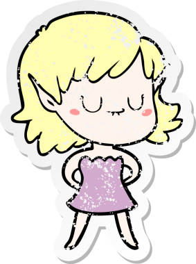 Bir insan tarafından çizilmiş bir elbise giyen mutlu bir elf kızının sıkıntılı çıkartması.