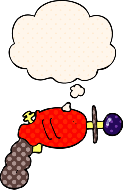 Çizgi roman tarzında bir insan tarafından çizilmiş düşünce baloncuklu bir ışın tabancası.