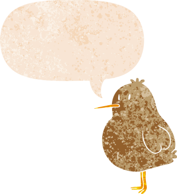 bir insan tarafından çizilmiş grunge sıkıntılı retro desenli konuşma baloncuğu ile çizgi film kivi kuşu