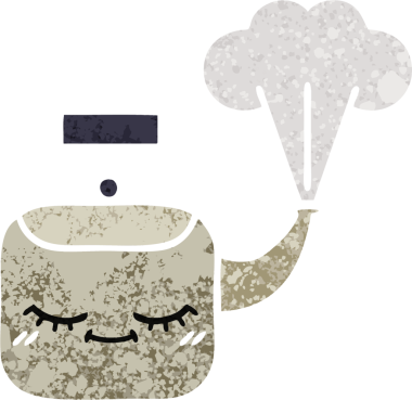 Bir insan tarafından çizilen dumanı tüten bir çaydanlığın retro çizim tarzı karikatürü