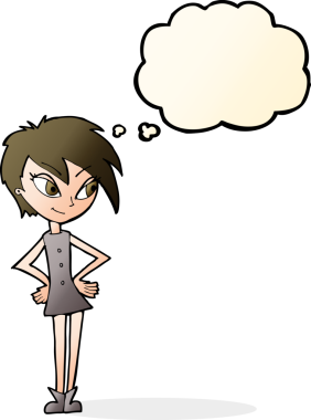 Bir insan tarafından çizilmiş düşünce baloncuğu olan elleri kalçasında çizgi film kızı.