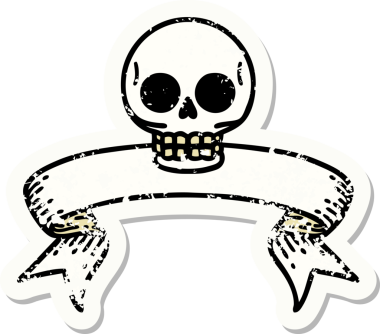 Bir insan tarafından çizilmiş kafatasının pankartıyla eski bir etiket.