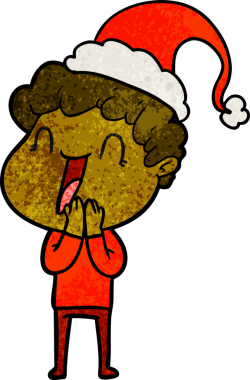 Noel Baba şapkası takan mutlu bir adamın insan tarafından çizilmiş el çizimi karikatürü.