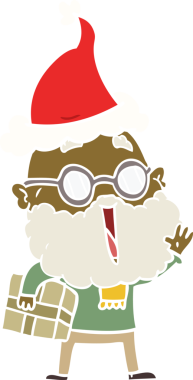 Bir insan tarafından çizilmiş Noel Baba şapkası giyen sakallı ve kolunun altında neşeli bir adamın düz renkli çizimi.