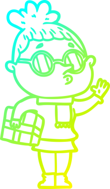 Bir insan tarafından çizilmiş gözlük takan çizgi film kadını çizimi.