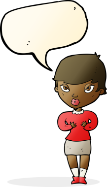 Bir insan tarafından çizilmiş bir konuşma balonuyla kendine el kol hareketi yapan bir karikatür kadını.