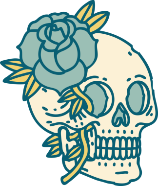 Bir insan tarafından çizilmiş bir kafatası ve gülün ikonik dövme şekli