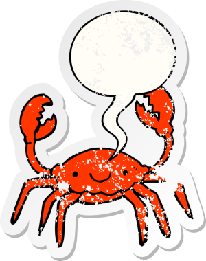 Konuşma baloncuklu çizgi film yengeci bir insan tarafından çizilmiş sıkıntılı eski bir çıkartma