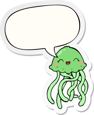 Bir insan tarafından çizilmiş konuşma balonu çıkartmalı şirin denizanası çizgi filmi.