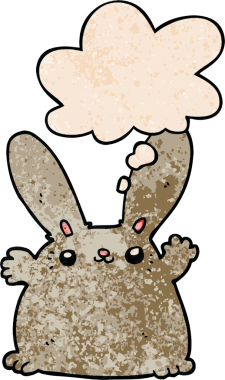 Bir insan tarafından çizilmiş grunge desenli düşünce baloncuklu çizgi film tavşanı.