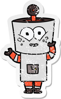 Mutlu çizgi film robotunun sıkıntılı çıkartması. Bir insan tarafından çizilmiş selam.