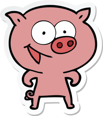 Bir insan tarafından çizilmiş neşeli bir domuz çizgi filminin çıkartması.