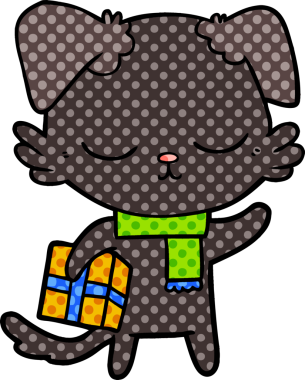 Bir insan tarafından çizilmiş Noel hediyesi olan sevimli bir çizgi film köpeği.