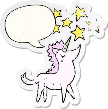 Tek boynuzlu at çizgi filmi, konuşma baloncuğu bir insan tarafından çizilmiş sıkıntılı eski bir çıkartma.