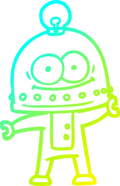 Bir insan tarafından çizilmiş ampullü mutlu bir robot çizimi.