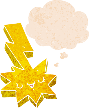 Düşünce baloncuğu ile karikatür yıldırımı grunge sıkıntılı retro tarzı bir insan tarafından çizilmiş