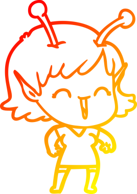 Bir insan tarafından çizilen gülen uzaylı bir kızın sıcak çizgi çizimi.