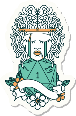 Hüzünlü bir elf barbarının çıkartması. İnsan tarafından çizilmiş doğal bir D20 yuvarlak yüzlü.