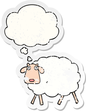 Düşünce baloncuğu olan çizgi film koyunları insan tarafından çizilmiş yıpranmış bir çıkartma gibi.