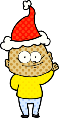 Bir insan tarafından çizilmiş Noel Baba şapkası takan kel bir adamın el çizimi çizgi roman tasviri.