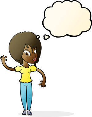 Bir insan tarafından çizilmiş düşünce baloncuğuyla el sallayan çizgi film kadını.