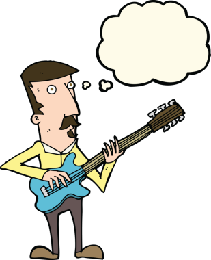 Bir insan tarafından çizilmiş düşünce baloncuğuyla elektro gitar çalan bir çizgi film adamı.