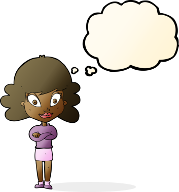 Bir insan tarafından çizilmiş düşünce balonuyla kollarını kavuşturmuş mutlu bir kadın çizgi filmi.