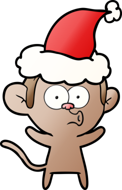 Şaşırmış bir maymunun insan tarafından çizilmiş Noel Baba şapkası giydiği el çizimi çizgi film.