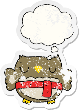 Düşünce baloncuğu olan karikatür baykuşu insan tarafından çizilmiş yıpranmış bir çıkartma.