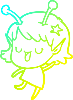 Bir insan tarafından çizilmiş mutlu uzaylı kız çizgi filminin soğuk gradyan çizimi.