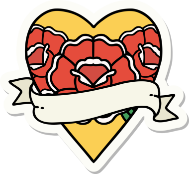 Geleneksel kalp stili dövme çıkartması ve bir insan tarafından çizilmiş çiçekli pankart.