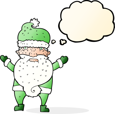 Bir insan tarafından çizilmiş düşünce baloncuklu huysuz Noel Baba çizgi filmi.