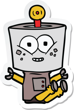 Bir insan tarafından çizilmiş mutlu çizgi film robotunun çıkartması.