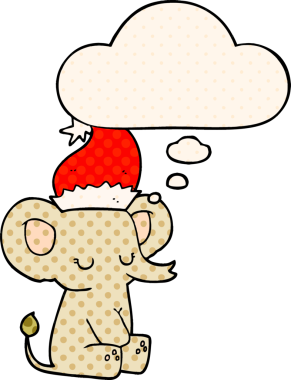 Bir insan tarafından çizilmiş çizgi roman tarzında düşünce balonu olan şirin bir Noel fili.