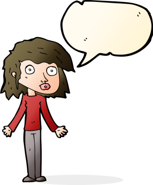 Bir insan tarafından çizilmiş konuşma baloncuğuyla omuz silken çizgi film kızı.