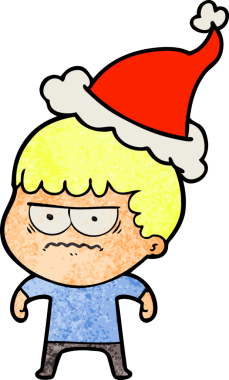 Bir insan tarafından çizilmiş Noel Baba şapkası giymiş rahatsız bir adamın el çizimi karikatürü.