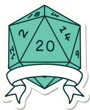 Bir insan tarafından çizilmiş 20 kritik vuruşluk D20 zar etiketi.