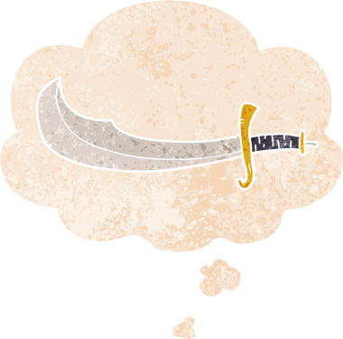 Düşünce baloncuklu çizgi film Scimitar 'ı grunge dertli retro desenli bir insan tarafından çizilmiş