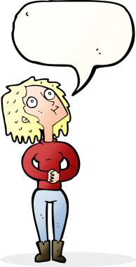 Bir insan tarafından çizilmiş bir konuşma balonuyla yukarı bakan çizgi film kadını.