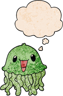 bir insan tarafından çizilmiş grunge desenli düşünce baloncuklu denizanası çizgi filmi.