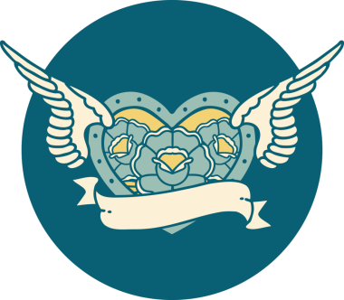 Bir insan tarafından çizilmiş çiçek ve bayrak ile uçan bir kalbin ikonik dövme görüntüsü