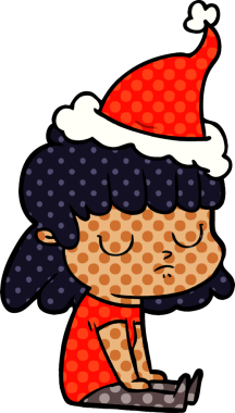 Bir insan tarafından çizilmiş Noel Baba şapkası giyen umursamaz bir kadının el çizimi çizgi roman çizimi.