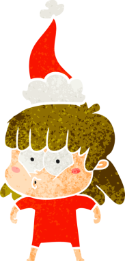 Bir insan tarafından çizilmiş Noel Baba şapkası giyen ıslık çalan bir kızın el çizimi karikatürü.