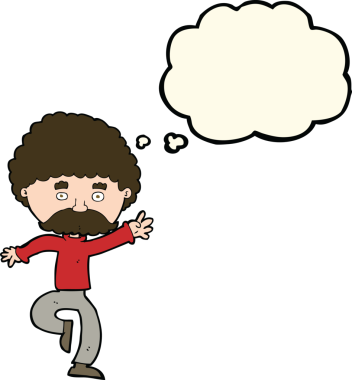 Çizgi filmdeki bıyıklı adam disko bir insan tarafından çizilmiş düşünce balonuyla dans ediyor.