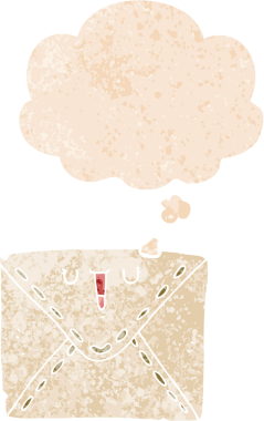 Düşünce baloncuğu ve grunge içerikli karikatür zarfı bir insan tarafından çizilmiş gerilimli retro stil